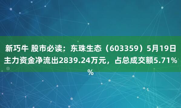 新巧牛 股市必读：东珠生态（603359）5月19日主力资金净流出2839.24万元，占总成交额5.71%